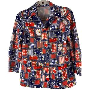 Vintage Handmade floral shirt M/L groovy hippie 1970 red white blue